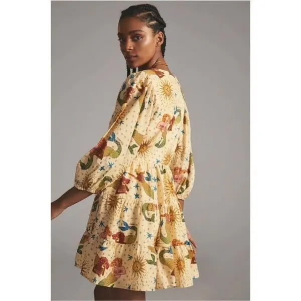 Farm Rio Anthropologie Mermaid Celestial Wrap Mini Dress Cream Embroidered Small - Image 3