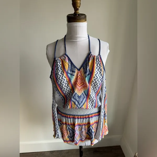 LULUMARI MULTICOLOR GEOMETRIC LONG SLEEVE COLD SHOULDER SWIM COVERUP - Image 3