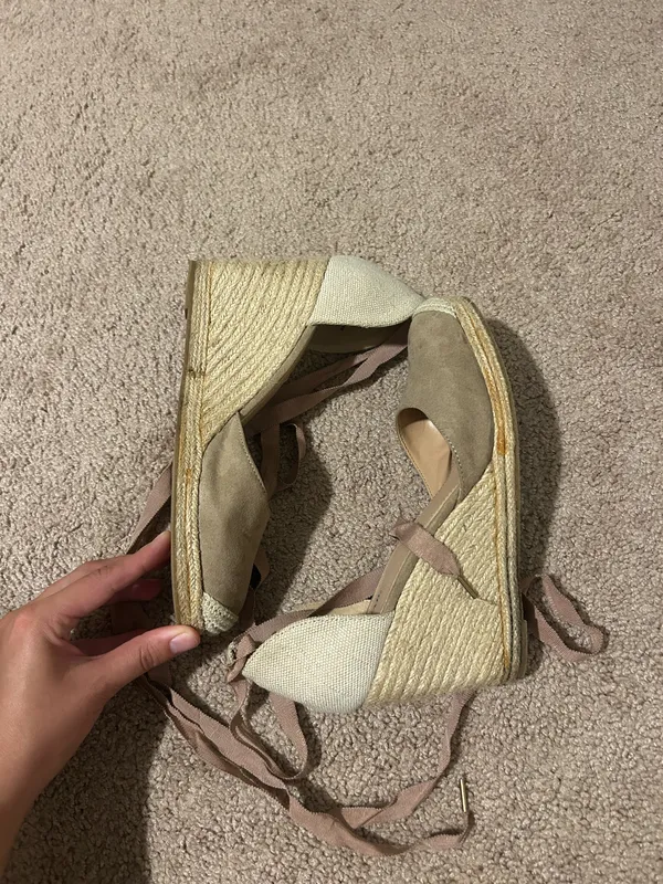 JustFab Taupe and Cream Espadrille Wedge Sandals with Ankle Wrap - Image 2