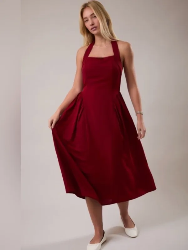 NEW Le Lis Burgundy Halter Midi Dress with Lace Trim – Small - Image 2
