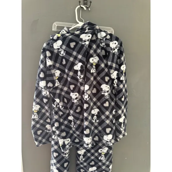Munki Munki Peanuts Snoopy Fleece Pajama Set XL Black White Plaid Hearts Button - Image 11