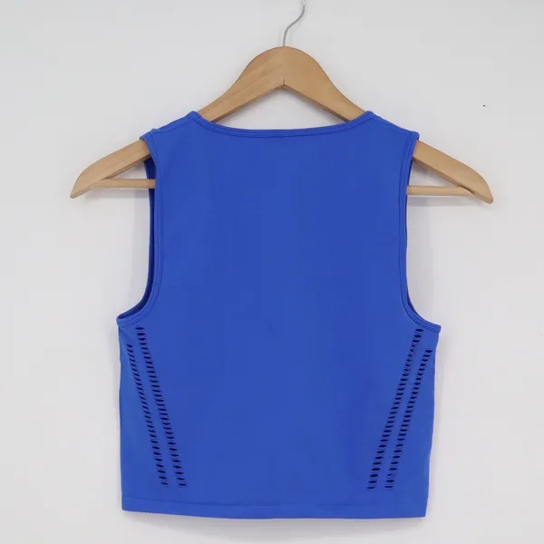 Royal Blue Laser Cut Seamless Athletic Crop Top Sleeveless Distressed Tank - Image 2