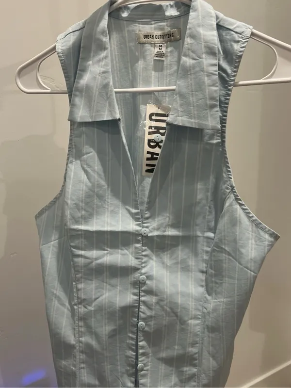 Urban Outfitters Light Blue Pinstripe Sleeveless Button-Down Top - Image 3