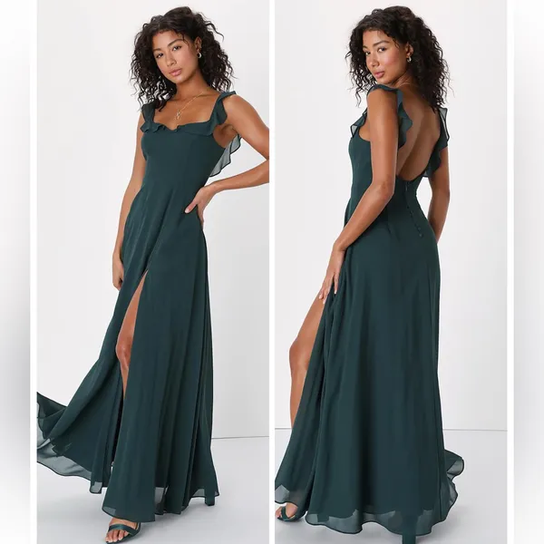 Lulus Dreamy Admiration Emerald Green Ruffled Maxi Dress Size small Bridesmaid - Image 2