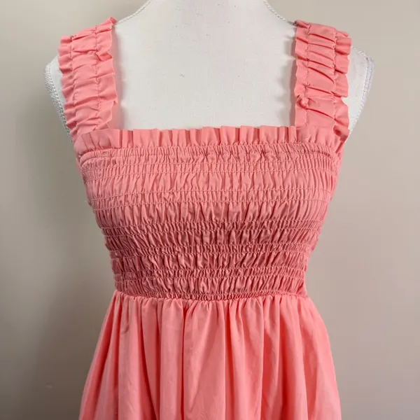 Abercrombie & Fitch Smocked Tiered Mini Dress Coral Pink Ruffle Strap Womens S - Image 5