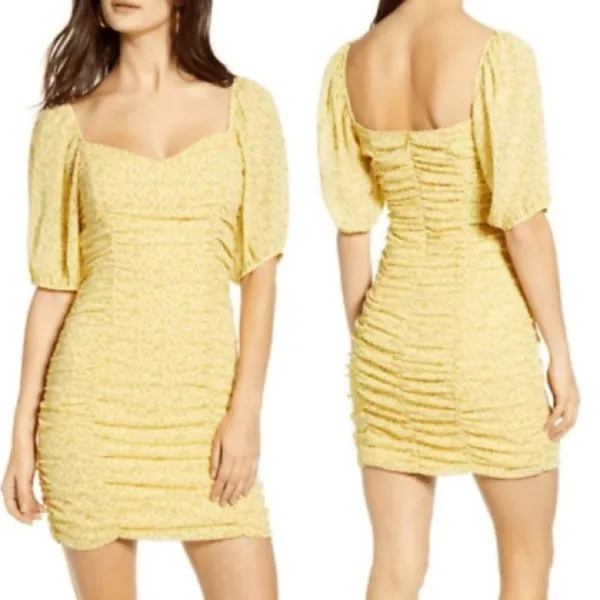 All In Favor Sasha Floral Ruched Mini Dress Yellow Puff Sleeve L NWT - Image 2