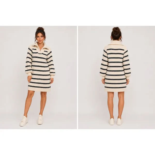 Pieces Womens Striped Quarter‎ Zip Sweater Dress Cream Black S Balloon Sleeve - Image 9