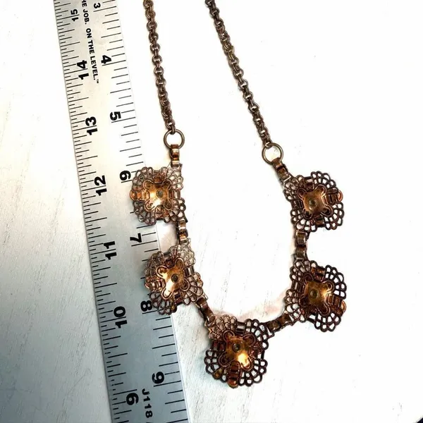 Vintage Copper Filigree Necklace w Goldstone & Turquoise tone Beads - Image 5