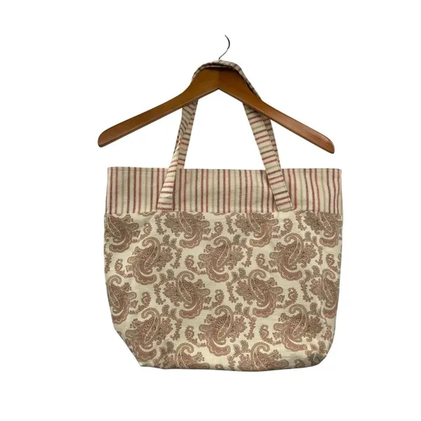 Fabric Tote Used Striped Paisley Gingham Red Beige Excellent Condition - Image 2