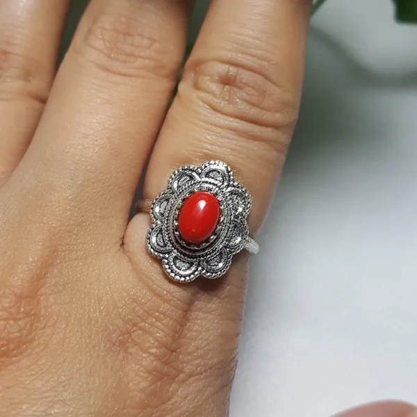 Sterling Silver Coral Gemstone Ring no stamp Ring size - 6.5 - Image 2