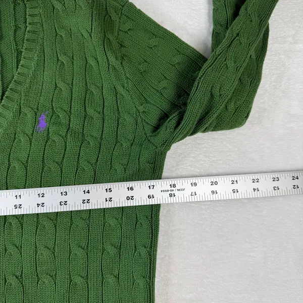 Ralph Lauren Sport Green Cable Knit‎ V-Neck Cotton Large Sweater Purple Pony - Image 3