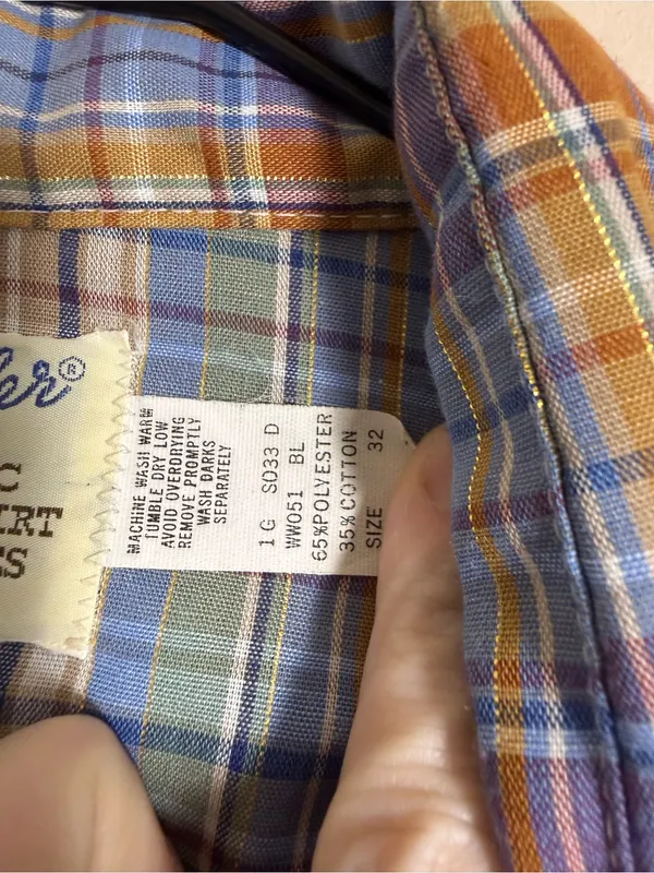 Wrangler 80s Wrangler blue, metallic, brown, and white plaid western shirt - Image 4