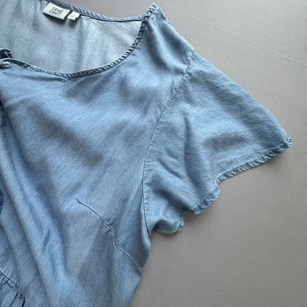 True Craft Dress 2X Plus Blue Denim Chambray Short Sleeve Tiered Swing - Image 5