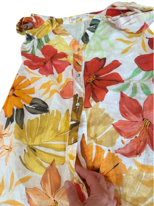 Zara Floral Linen Dress Button Front Womens Size Small - Image 6