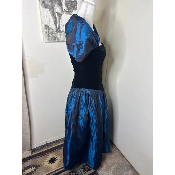 VTG 80s Blossoms by Loralie Dress Velvet Blue Iridescent Taffeta Prom Gown - Image 5
