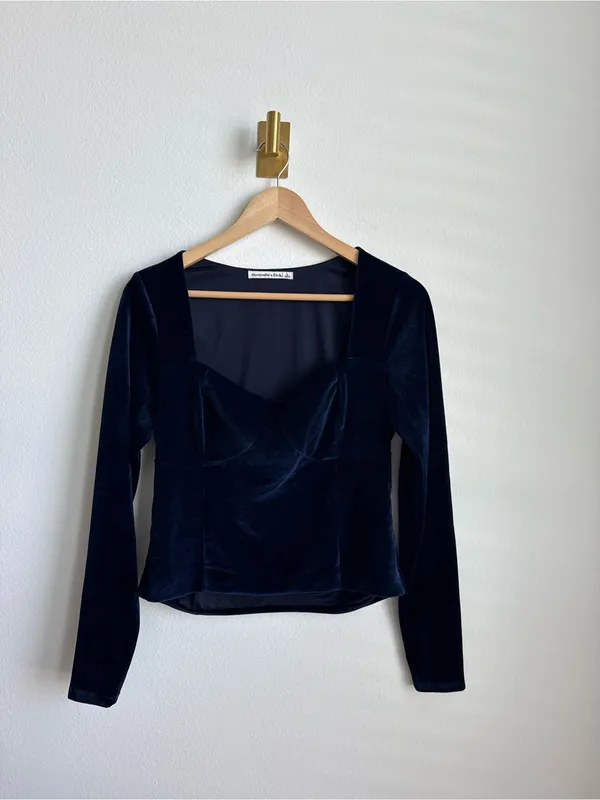 Abercrombie & Fitch Women's Blue Velvet Corset Top Long Sleeve Size Large - Image 2