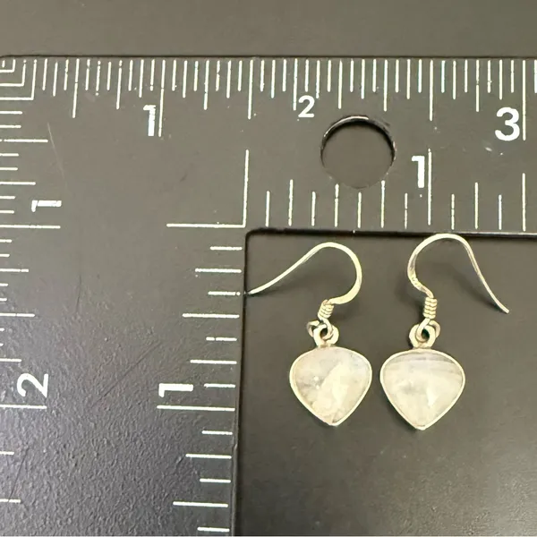 Vintage 925 Sterling Silver Small Heart Moonstone Drop Earrings 3.6g - Image 11