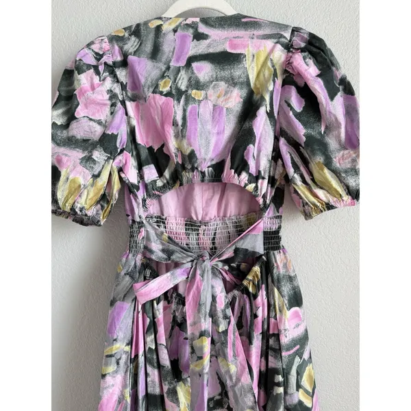 PINCH Watercolor Abstract Floral Midi Dress Smocked Puff Sleeve V-Neck Pink Sz M - Image 9