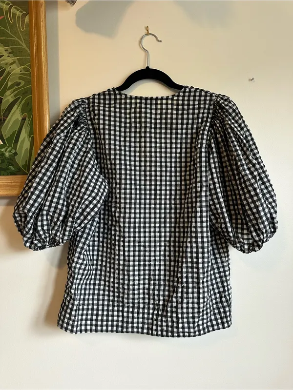 Ganni Seersucker Check Plaid Balloon Sleeve Blouse Womens 36 4 Black White - Image 9
