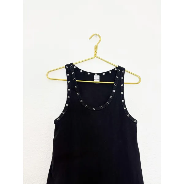 Re/Done Eyelet-Embellished Mini Dress Size Large Black Ribbed Grommet Grunge - Image 5