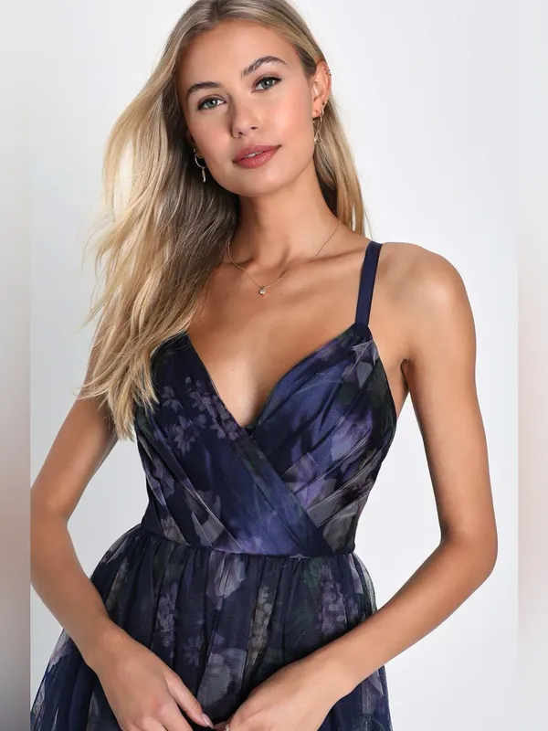 Lulu's Elaborate Elegance Navy Floral Print Tulle Pleated Midi Dress - Image 4