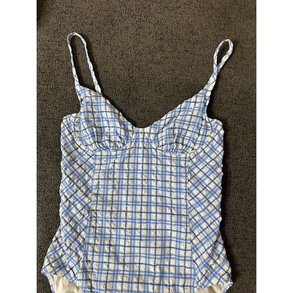 Tory Burch Check Plaid Gingham Swimsuit size M Underwire Blue White Seersucker - Image 5