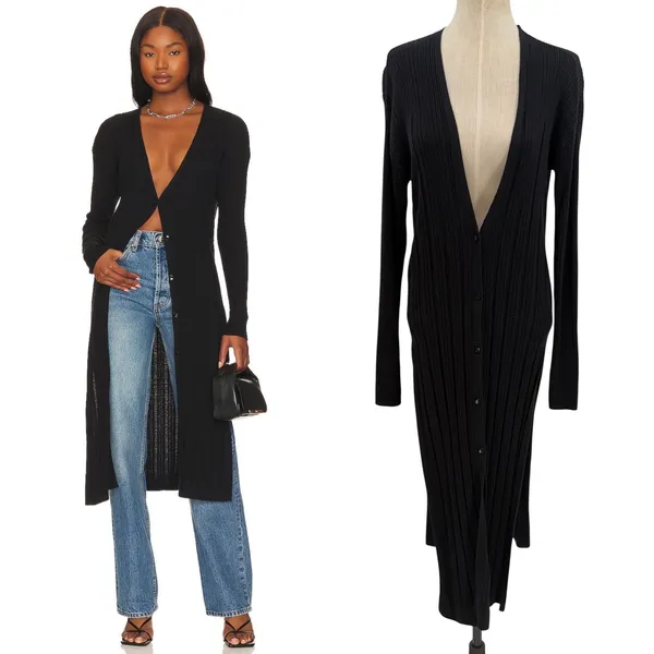 Free People Skylight Ribbed Longline Cardigan Black Button Front Small‎ - Image 2
