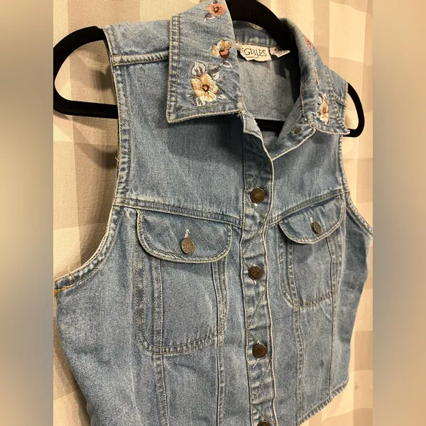 Vintage 90s 00s Tangibles Blue Denim Vest with Floral Embroidery - Image 3
