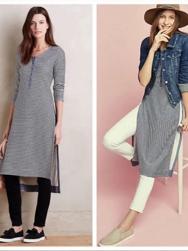 Anthropologie Postmark Navy Blue Striped High Slit Henley Tunic Top Midi Dress - Image 2