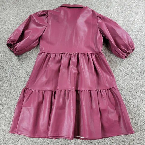 Karlie Womens Faux Leather Dress S Red Puff Sleeve Tiered Button Front Collared - Image 2