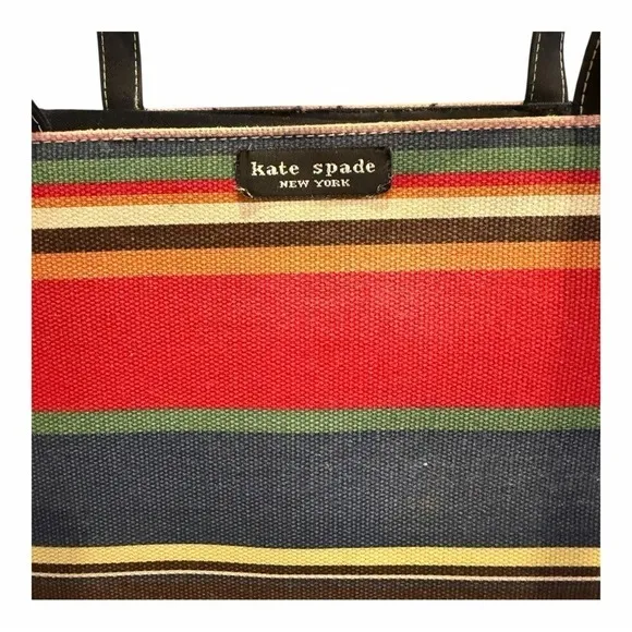 Kate Spade New York Multicolor Striped‎ Canvas Tote Bag Shoulder Purse Snap Top - Image 2