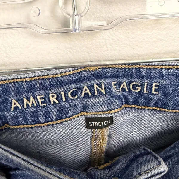 American Eagle Stretch Super Hi-Rise Flare Medium Wash Distressed Casual Size 8 - Image 7