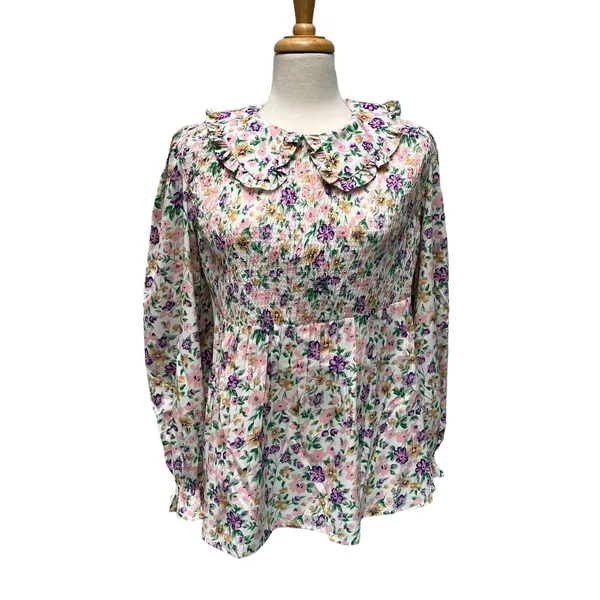 Pieces Maternity Smock‎ Top L Multicolor Floral Smocked Ruffle Collar Romantic - Image 2