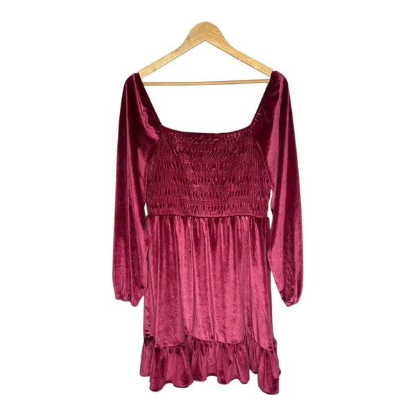 LC Lauren Conrad Velvet Mini‎ Dress Large Wine Red Smocked Ruffle Long Sleeve - Image 5