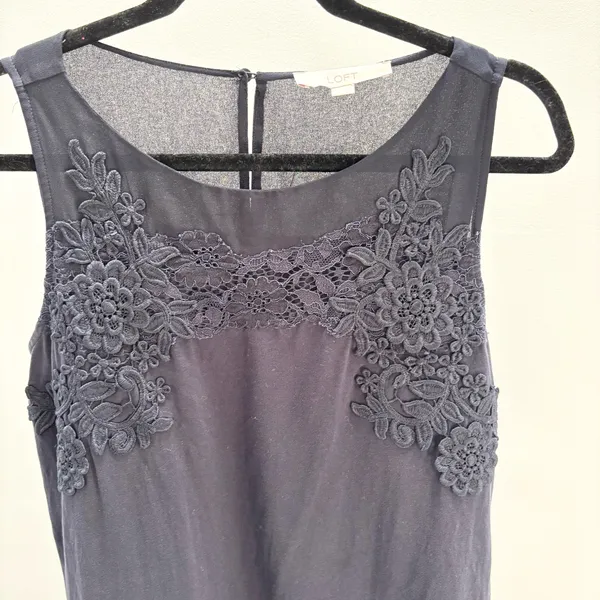 LOFT Navy Blue Sleeveless Embroidered Floral Lace Overlay Yoke Drop Waist Dress - Image 3