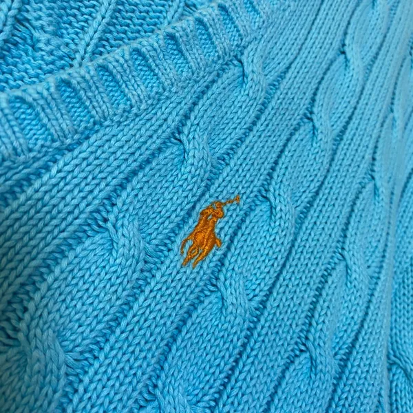 100% Cotton Ralph Lauren Sport Cable Knit Sweater Large Blue Orange Pony V Neck - Image 7