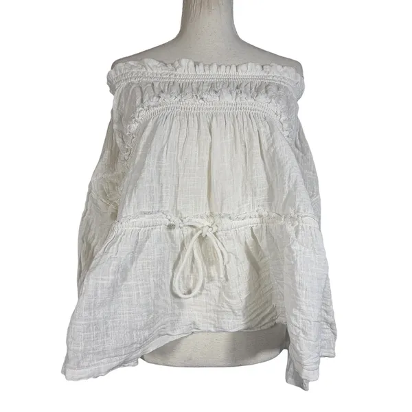 Free People Peasant Top S Ivory Cotton Gauze Off Shoulder Bell Sleeve Boho - Image 3
