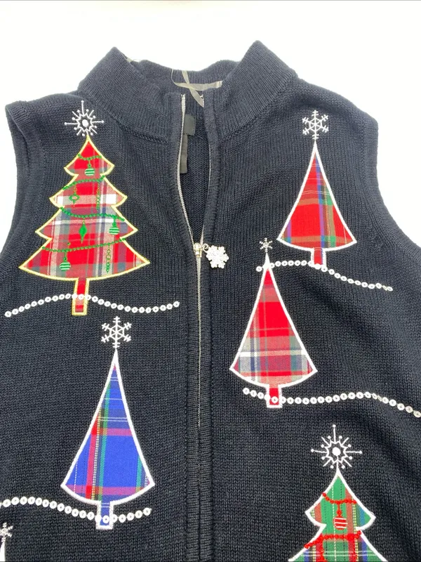 Christmas Tree Sweater Vest Black Embroidered Holiday Women’s Small RQT Festive - Image 5
