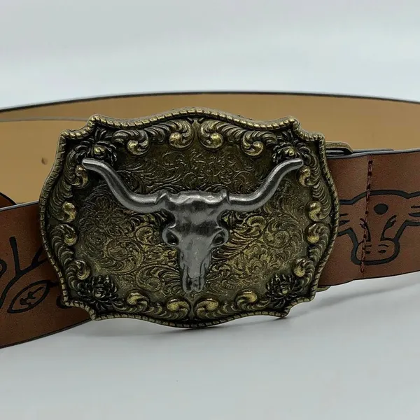 Women's Western Brown Belt w/ Big Longhorn Buckle, 31.5–40.5 Inches, X7G9A796 - Image 6