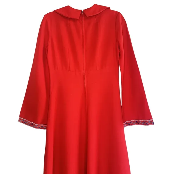 VTG 70s Handmade Red Maxi Dress Boho Embroidered‎ Disco Collar Bell Sleeve Small - Image 11
