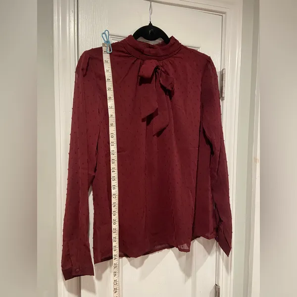 NWT Aconiya Size M Burgundy Swiss Dot Chiffon Lined High Neck Bow Lined Top - Image 7