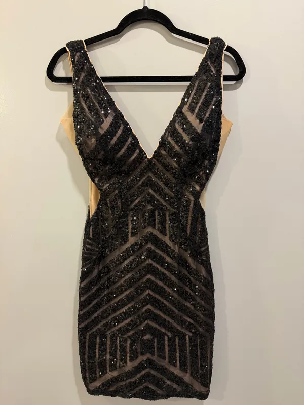 Jovani Sleeveless Sequin Detail Mesh Side Detail Fitted Mini Cocktail Homecoming Dress Black - Image 5