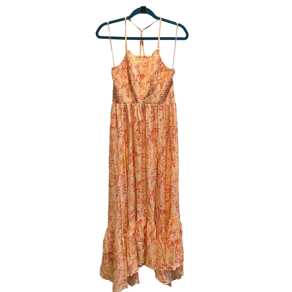 Free People Dusk Coral Combo Smocked Maxi Dress Floral Print‎ Halter Style Large - Image 4