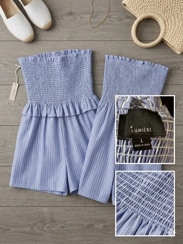 Lumiere Blue & White Striped Smocked Strapless Romper - Image 2