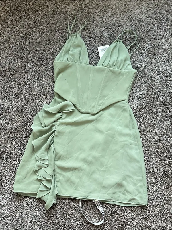 Mistress Rocks Corset Bodice Sage Green Mini Dress with Side Ruffle - Image 2