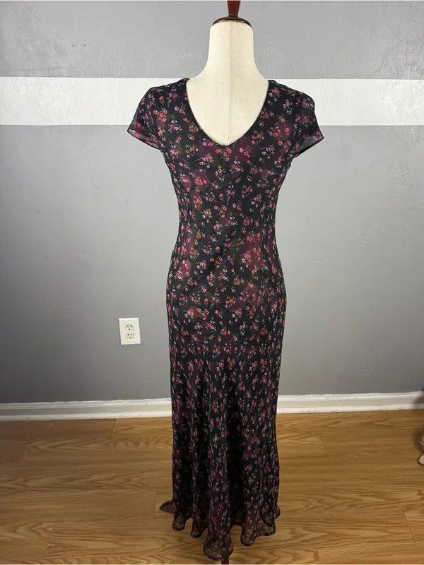 Black Floral V-Neck Maxi Dress with Pink Roses Reversible small-medium - Image 6