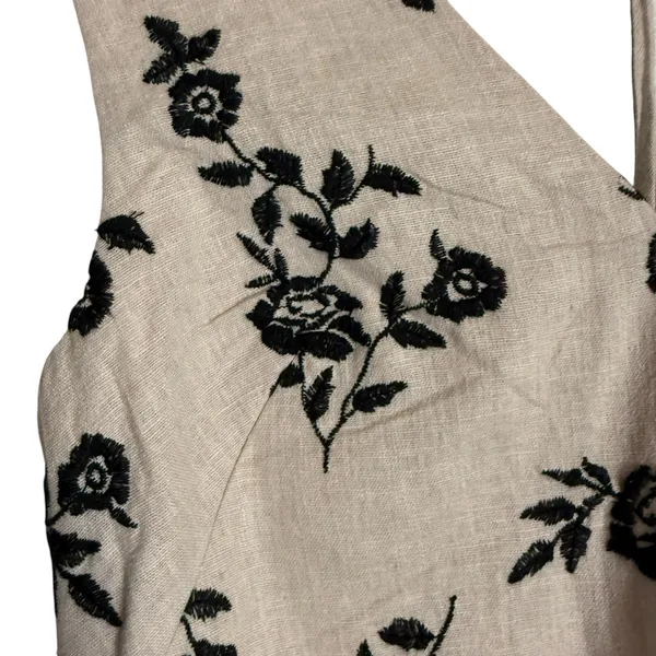 Abercrombie & Fitch Linen Beige Black Embroidered Floral V-Neck Mini Dress XS - Image 4