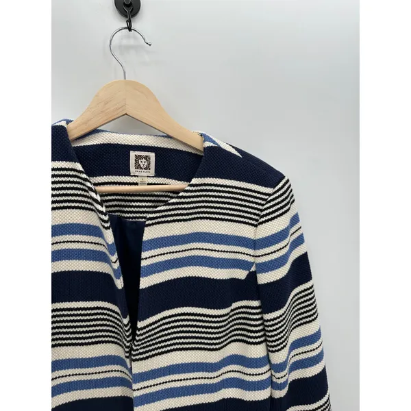 Anne Klein Tweed Jacket Women 4 Blue Black‎ Striped Open Front Tulip Hem Blazer - Image 5