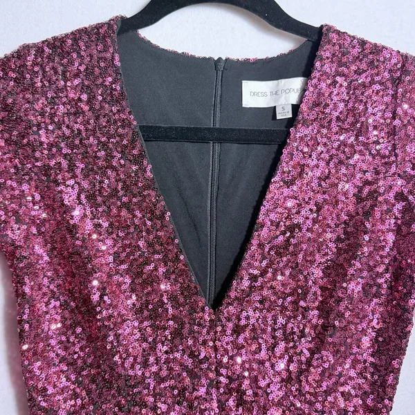 Dress the Population Pink Sequin Deep V-Neck Long Sleeve Sheath Mini Dress Sz S - Image 4