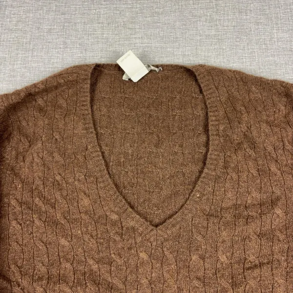 Tweeds Sweater Womens Large Brown V Neck Cable-Knit 100% Cashmere Pullover - Image 4